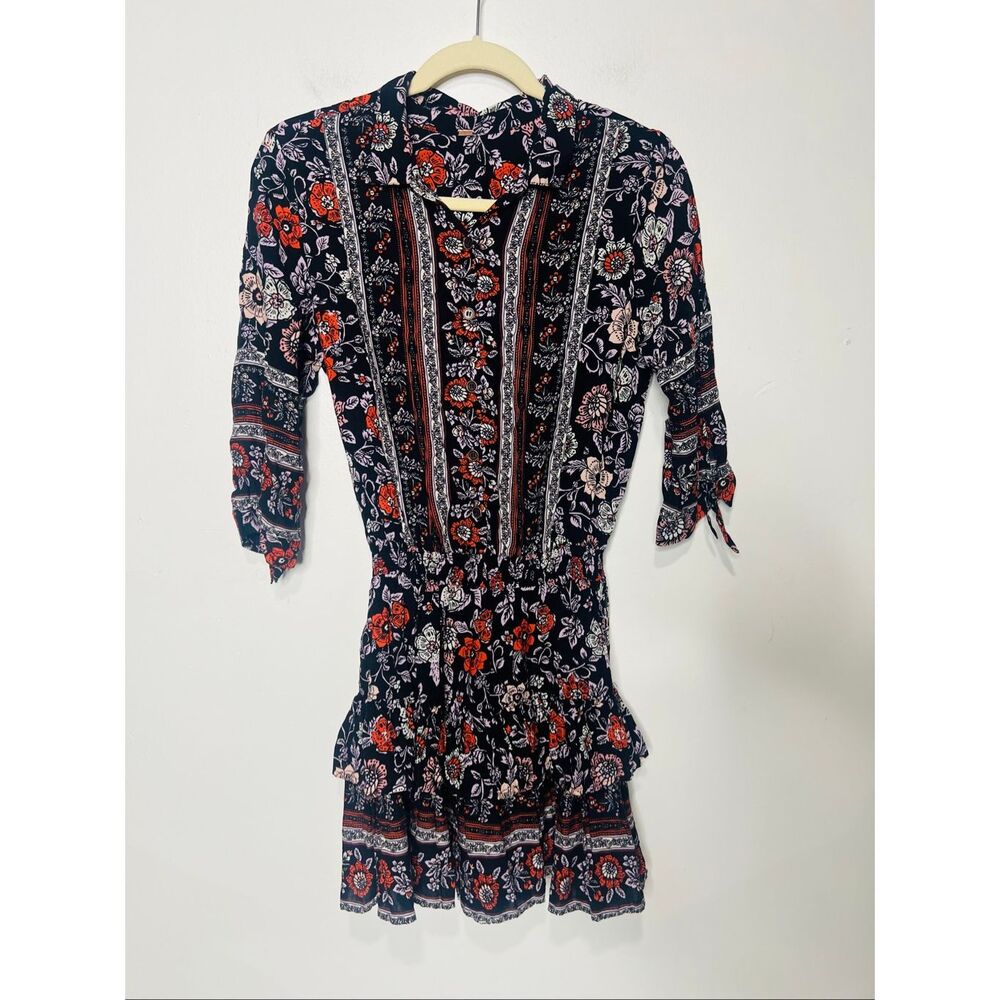 Free People Black Floral Orange Pink Tan Button Front MIni Dress Ruffle Tier Hem